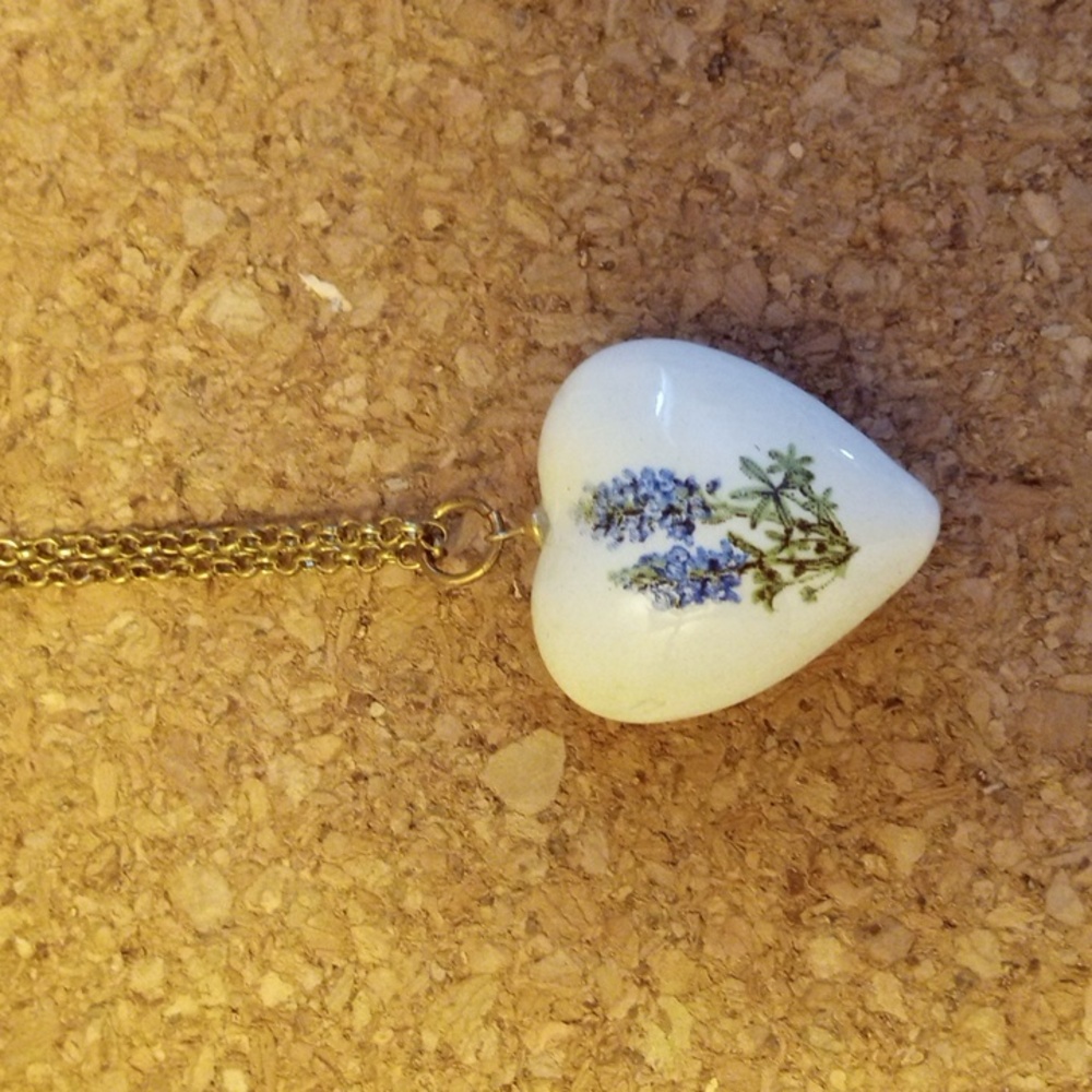 Hand Painted Bluebonnet Flowers on White Heart Ceramic Pendant with Chain
